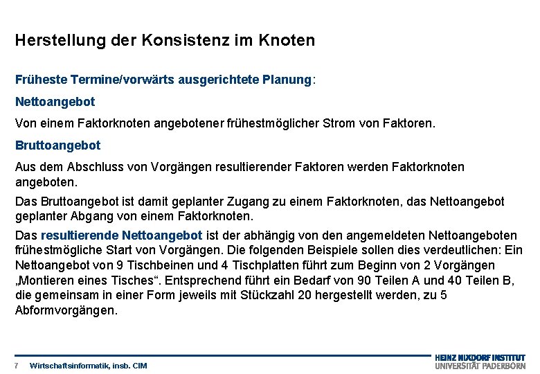 Herstellung der Konsistenz im Knoten Früheste Termine/vorwärts ausgerichtete Planung: Nettoangebot Von einem Faktorknoten angebotener