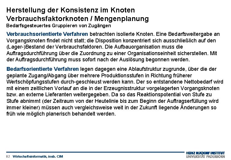 Herstellung der Konsistenz im Knoten Verbrauchsfaktorknoten / Mengenplanung Bedarfsgesteuertes Gruppieren von Zugängen Verbrauchsorientierte Verfahren