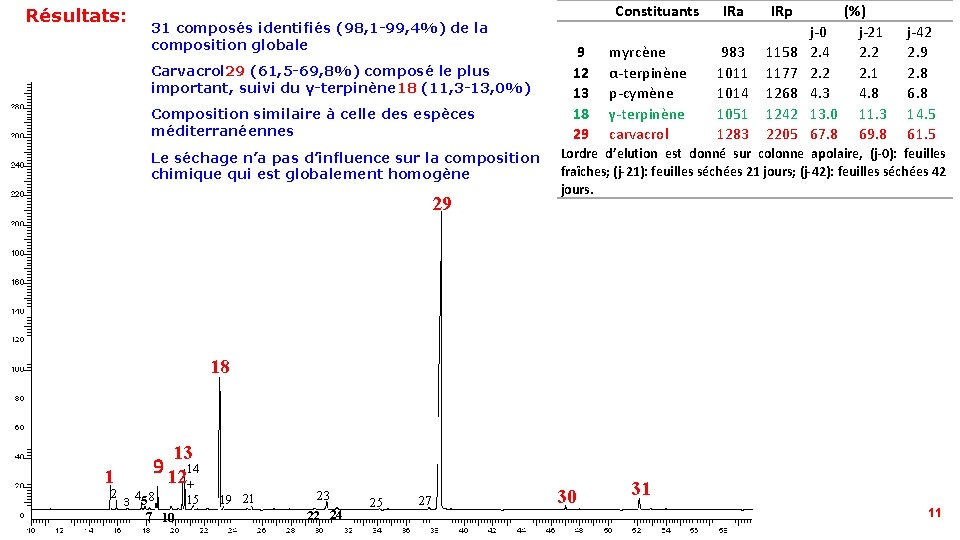 Résultats: 31 composés identifiés (98, 1 -99, 4%) de la composition globale Carvacrol 29