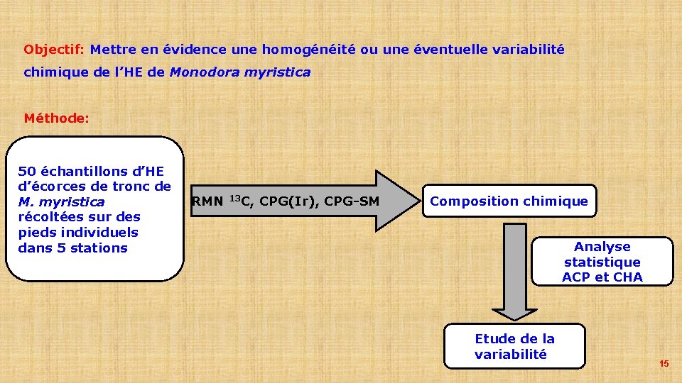 Objectif: Mettre en évidence une homogénéité ou une éventuelle variabilité chimique de l’HE de