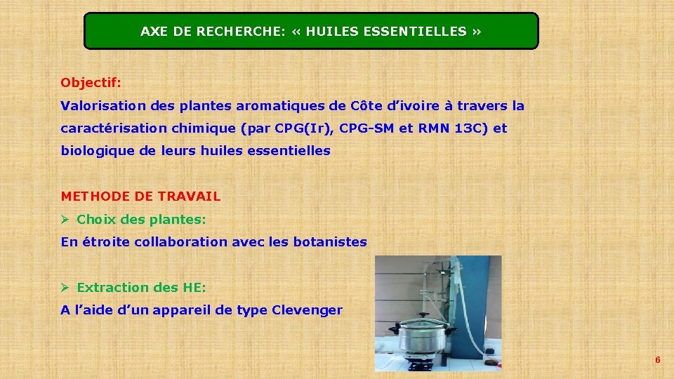 AXE DE RECHERCHE: « HUILES ESSENTIELLES » Objectif: Valorisation des plantes aromatiques de Côte