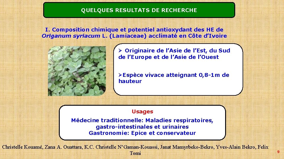 QUELQUES RESULTATS DE RECHERCHE I. Composition chimique et potentiel antioxydant des HE de Origanum