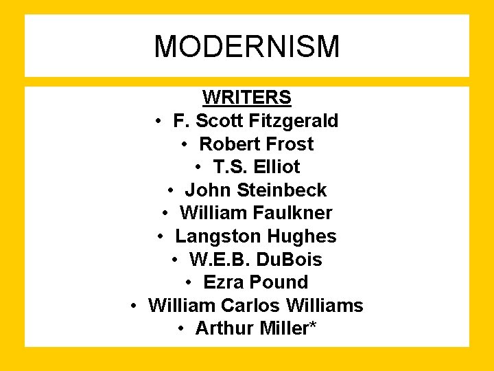 MODERNISM WRITERS • F. Scott Fitzgerald • Robert Frost • T. S. Elliot •