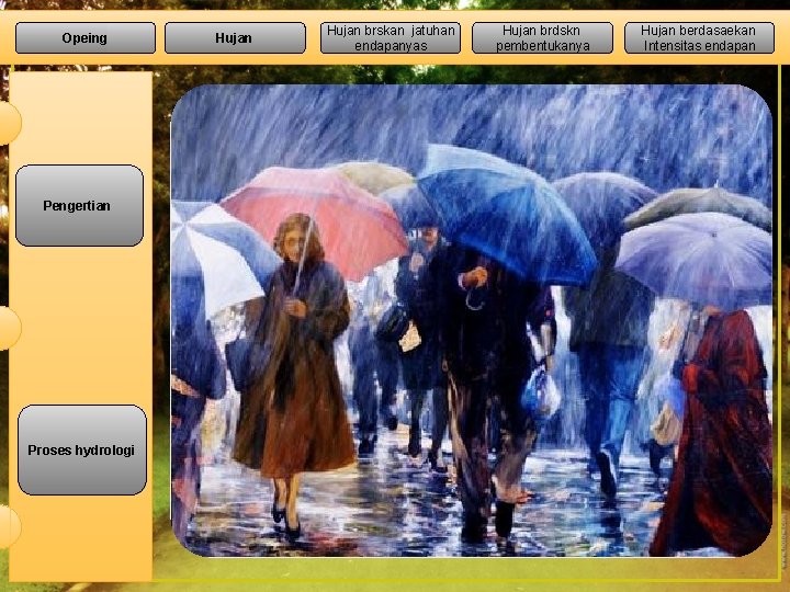Opeing Pengertian Proses hydrologi Hujan brskan jatuhan endapanyas Hujan brdskn pembentukanya Hujan berdasaekan Intensitas