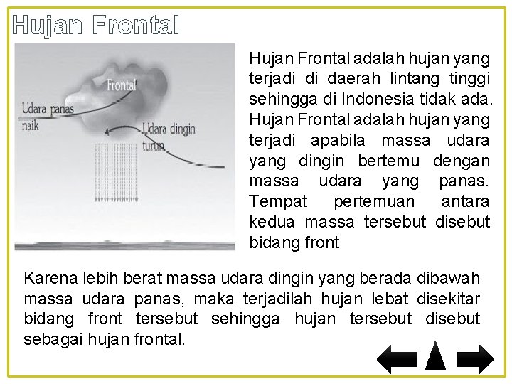 Hujan Frontal adalah hujan yang terjadi di daerah lintang tinggi sehingga di Indonesia tidak