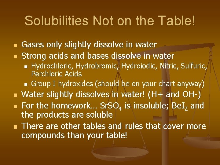 Solubilities Not on the Table! n n Gases only slightly dissolve in water Strong