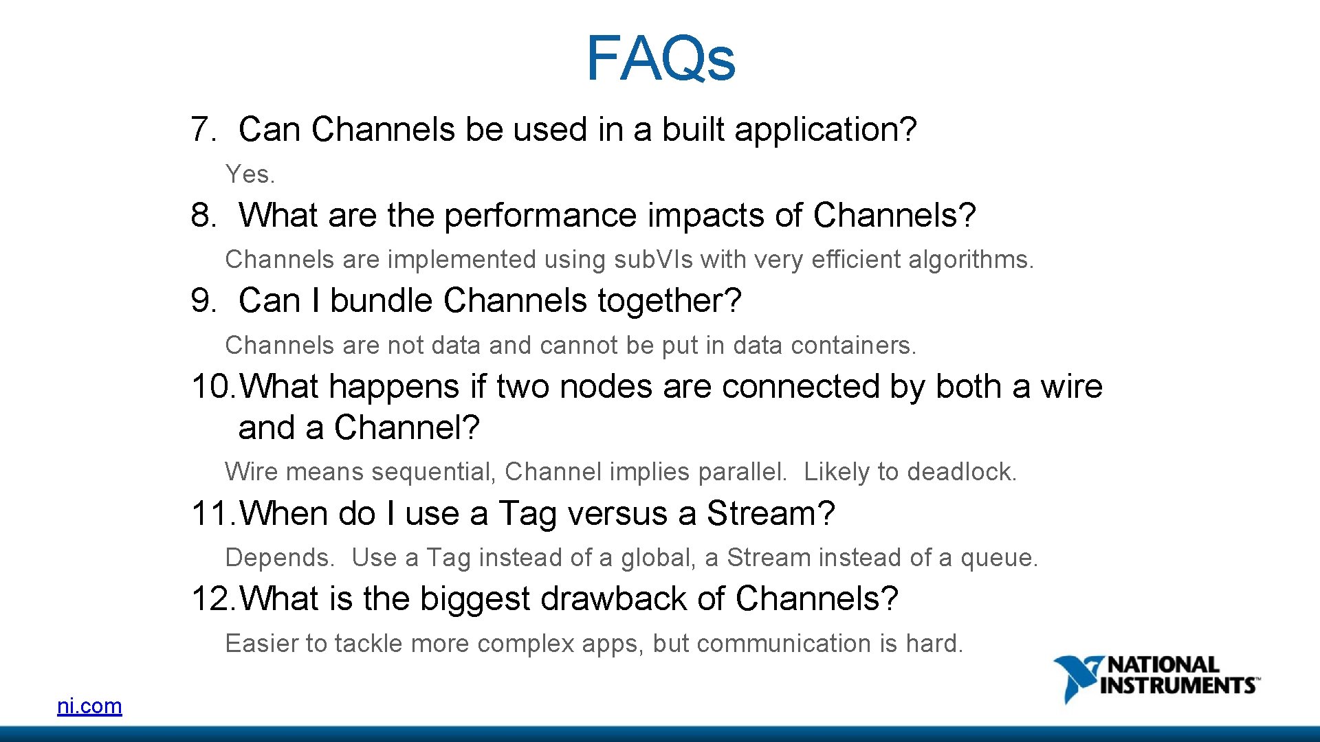 FAQs 7. Can Channels be used in a built application? Yes. 8. What are