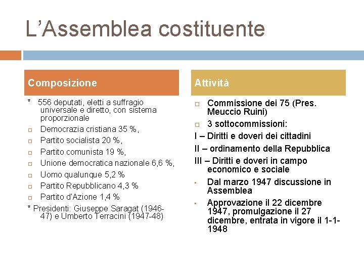 L’Assemblea costituente Composizione * 556 deputati, eletti a suffragio universale e diretto, con sistema