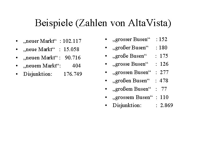 Beispiele (Zahlen von Alta. Vista) • • • „neuer Markt“ : 102. 117 „neue