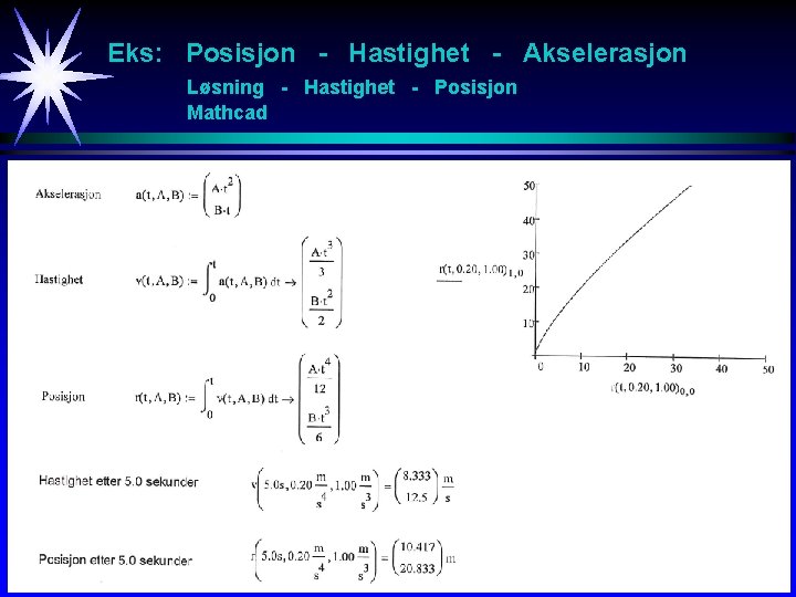 Eks: Posisjon - Hastighet - Akselerasjon Løsning - Hastighet - Posisjon Mathcad 