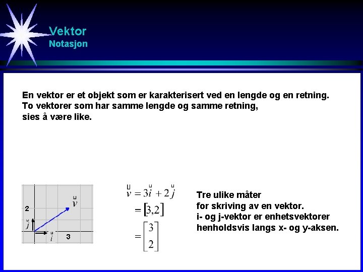 Vektor Notasjon En vektor er et objekt som er karakterisert ved en lengde og