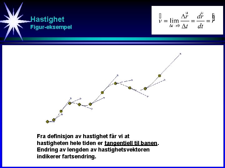 Hastighet Figur-eksempel Fra definisjon av hastighet får vi at hastigheten hele tiden er tangentiell