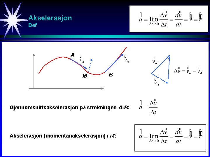 Akselerasjon Def A M B Gjennomsnittsakselerasjon på strekningen A-B: Akselerasjon (momentanakselerasjon) i M: 