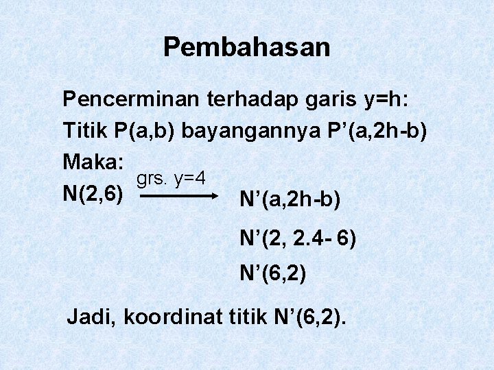 Pembahasan Pencerminan terhadap garis y=h: Titik P(a, b) bayangannya P’(a, 2 h-b) Maka: grs.