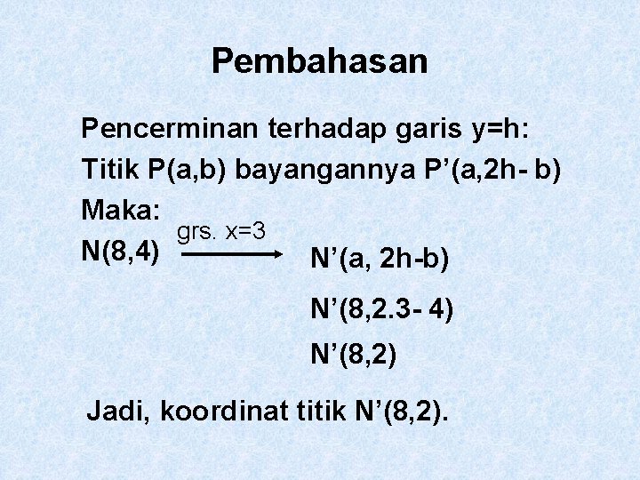 Pembahasan Pencerminan terhadap garis y=h: Titik P(a, b) bayangannya P’(a, 2 h- b) Maka: