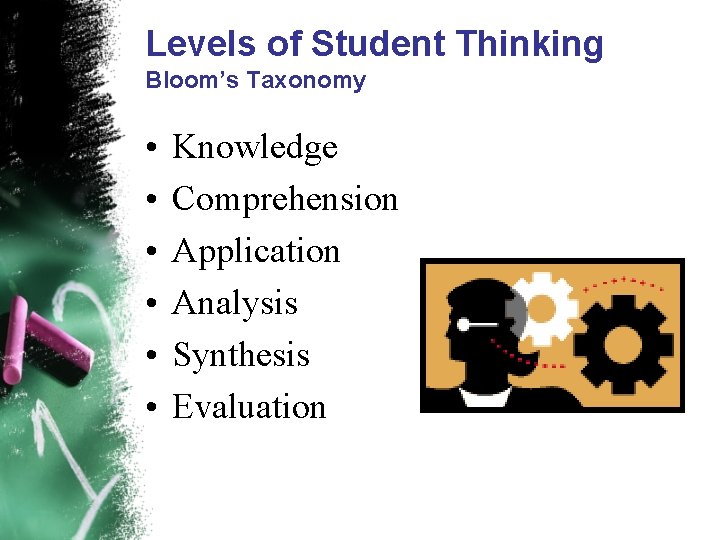 Levels of Student Thinking Bloom’s Taxonomy • • • Knowledge Comprehension Application Analysis Synthesis