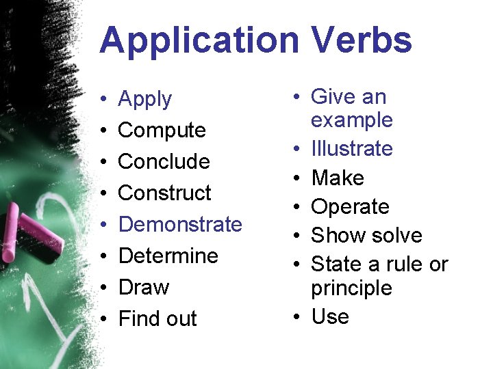 Application Verbs • • Apply Compute Conclude Construct Demonstrate Determine Draw Find out •