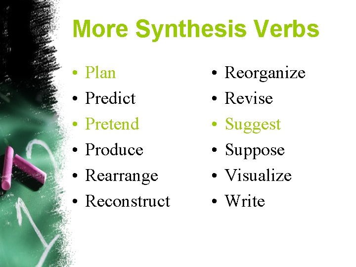 More Synthesis Verbs • • • Plan Predict Pretend Produce Rearrange Reconstruct • •