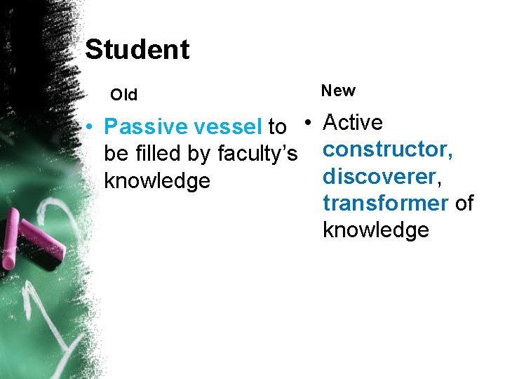 Student Old New • Passive vessel to • Active be filled by faculty’s constructor,