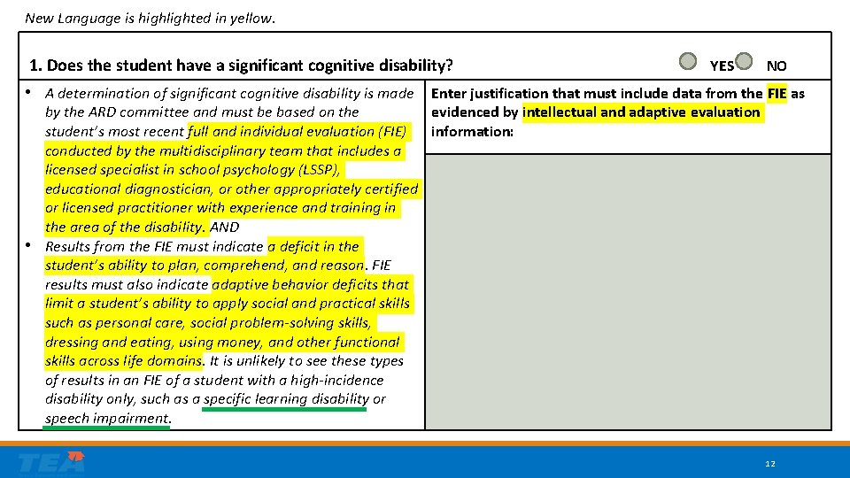 New Language is highlighted in yellow. 1. Does the student have a significant cognitive