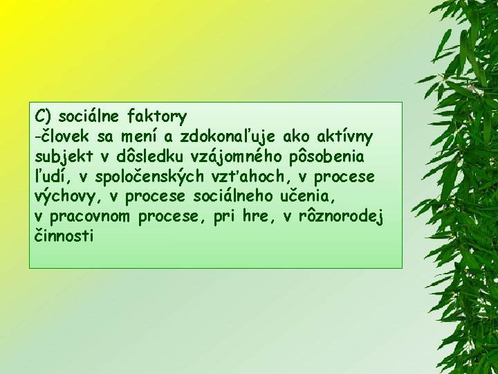 C) sociálne faktory -človek sa mení a zdokonaľuje ako aktívny subjekt v dôsledku vzájomného