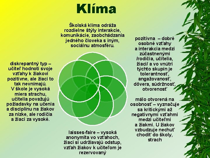 Klíma Školská klíma odráža rozdielne štýly interakcie, komunikácie, zaobchádzania jedného človeka s iným, sociálnu