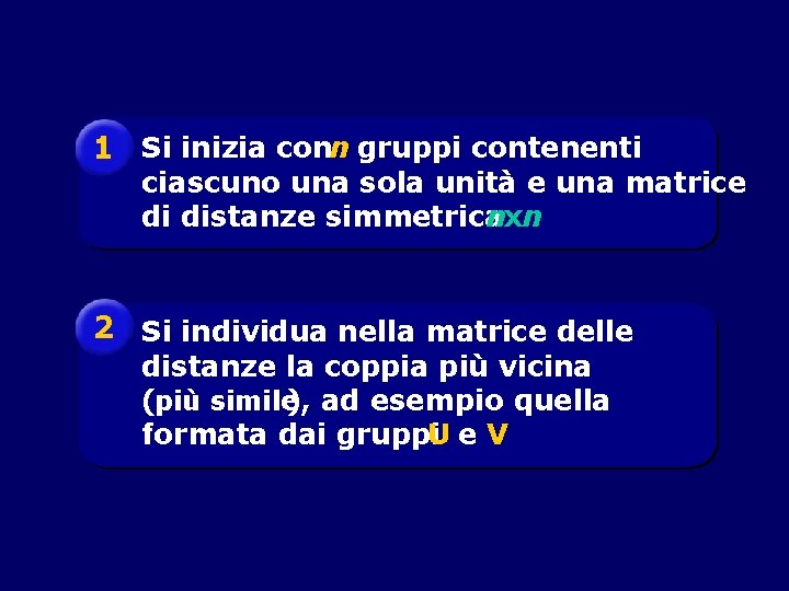 1 Si inizia conn gruppi contenenti ciascuno una sola unità e una matrice di