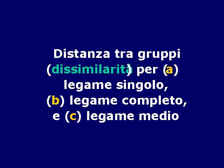 Distanza tra gruppi (dissimilarità ) per (a) legame singolo, (b) legame completo, e (c)