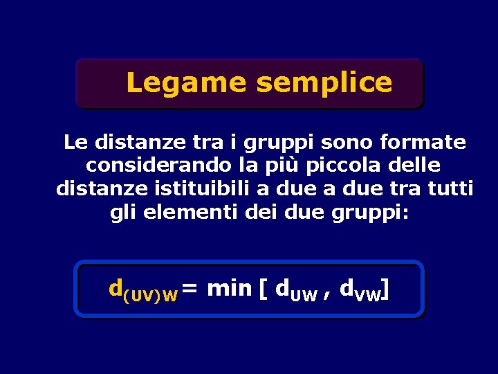 Legame semplice Le distanze tra i gruppi sono formate considerando la più piccola delle