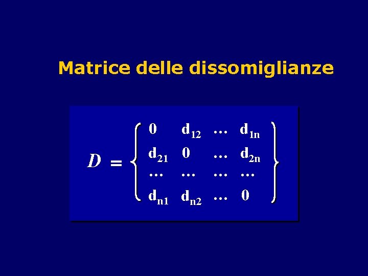 Matrice delle dissomiglianze D = 0 d 21 … dn 1 d 12 …