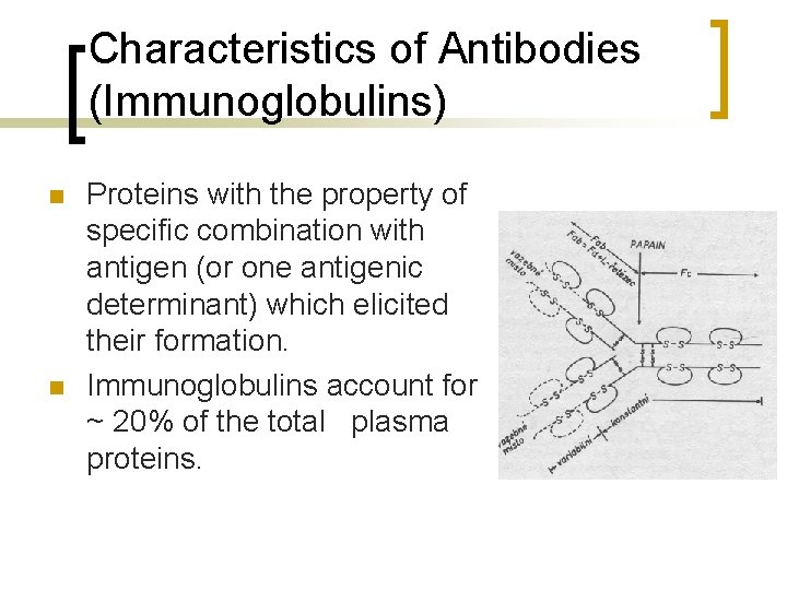 Characteristics of Antibodies (Immunoglobulins) n n Proteins with the property of specific combination with