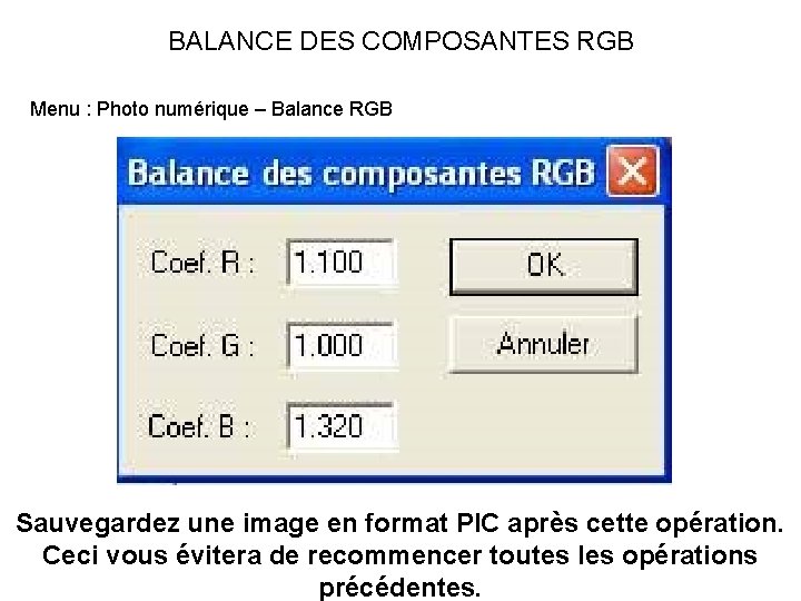 BALANCE DES COMPOSANTES RGB Menu : Photo numérique – Balance RGB Sauvegardez une image