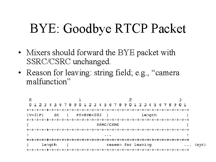 BYE: Goodbye RTCP Packet • Mixers should forward the BYE packet with SSRC/CSRC unchanged.