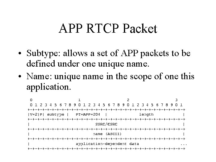 APP RTCP Packet • Subtype: allows a set of APP packets to be defined
