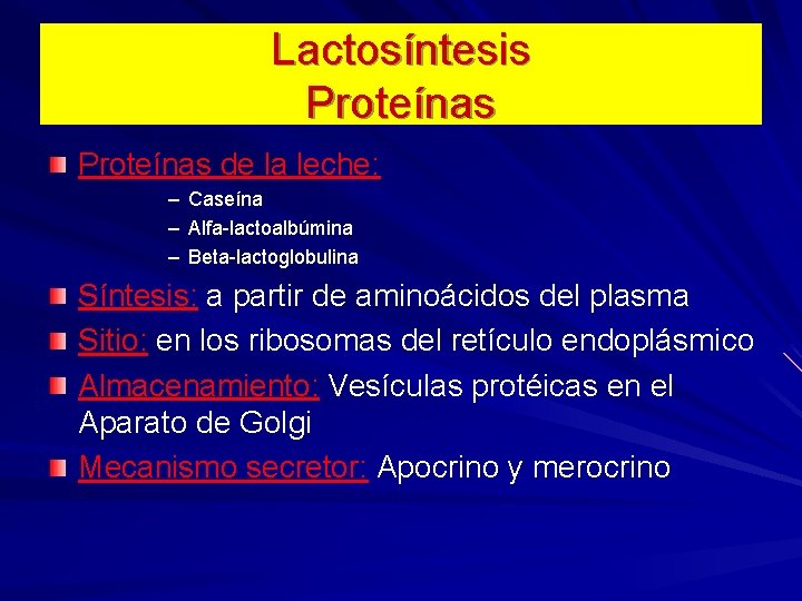 Lactosíntesis Proteínas de la leche: – Caseína – Alfa-lactoalbúmina – Beta-lactoglobulina Síntesis: a partir