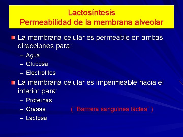 Lactosíntesis Permeabilidad de la membrana alveolar La membrana celular es permeable en ambas direcciones