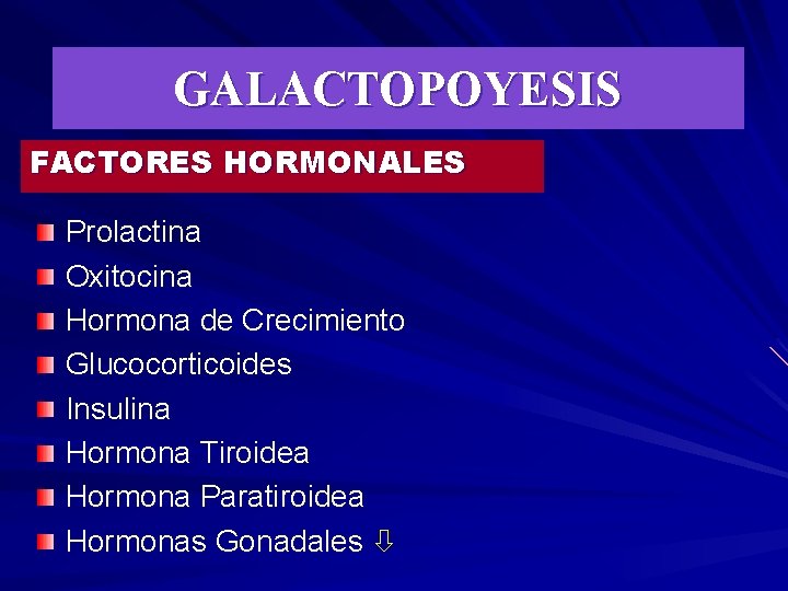 GALACTOPOYESIS FACTORES HORMONALES Prolactina Oxitocina Hormona de Crecimiento Glucocorticoides Insulina Hormona Tiroidea Hormona Paratiroidea