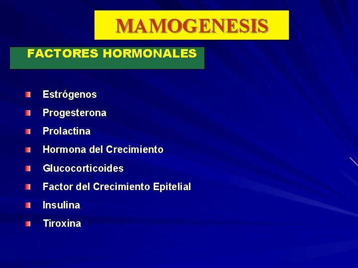 MAMOGENESIS FACTORES HORMONALES Estrógenos Progesterona Prolactina Hormona del Crecimiento Glucocorticoides Factor del Crecimiento Epitelial