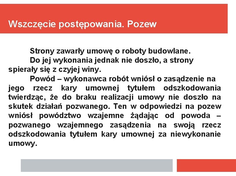 Wszczęcie postępowania. Pozew Strony zawarły umowę o roboty budowlane. Do jej wykonania jednak nie