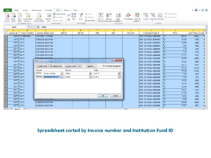 Spreadsheet sorted by Invoice number and Institution Fund ID 