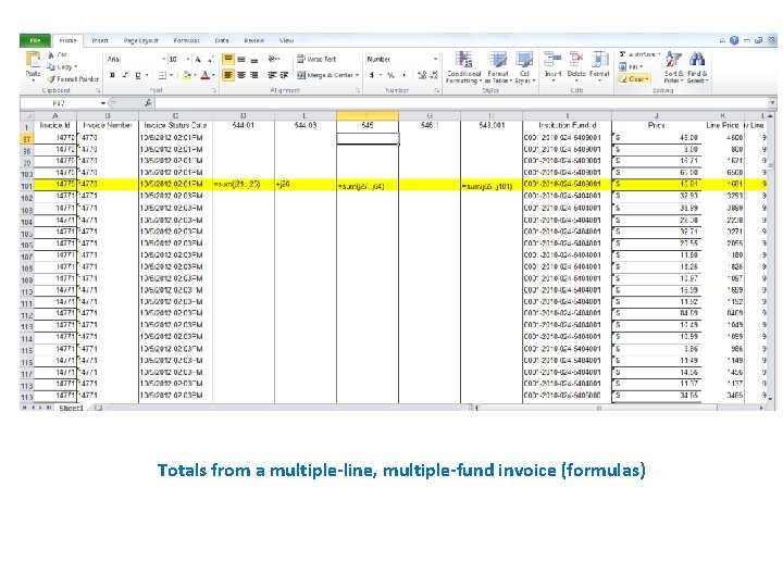 Totals from a multiple-line, multiple-fund invoice (formulas) 