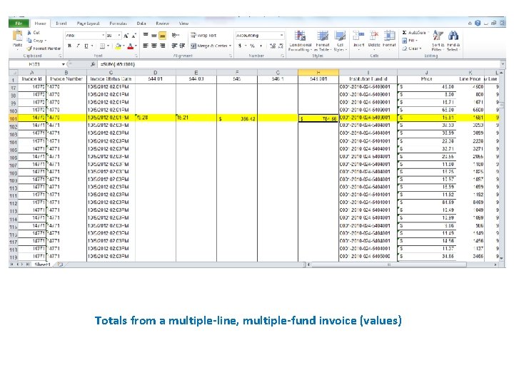 Totals from a multiple-line, multiple-fund invoice (values) 