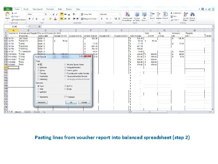 Pasting lines from voucher report into balanced spreadsheet (step 2) 