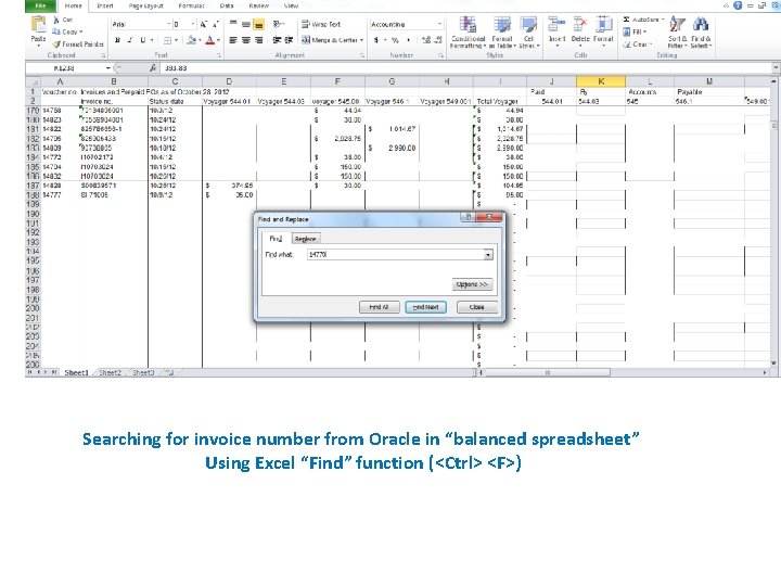 Searching for invoice number from Oracle in “balanced spreadsheet” Using Excel “Find” function (<Ctrl>