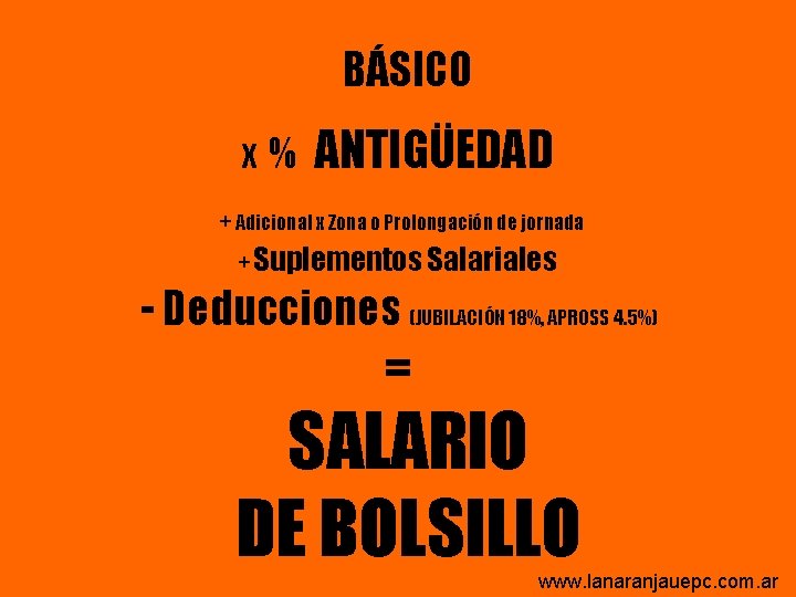 BÁSICO X % ANTIGÜEDAD + Adicional x Zona o Prolongación de jornada + Suplementos BÁSICO X % ANTIGÜEDAD + Adicional x Zona o Prolongación de jornada + Suplementos