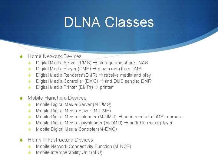 DLNA Classes S Home Network Devices S S S Mobile Handheld Devices S S