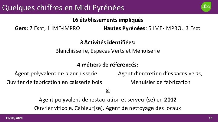 Quelques chiffres en Midi Pyrénées 16 établissements impliqués Gers: 7 Esat, 1 IME-IMPRO Hautes Quelques chiffres en Midi Pyrénées 16 établissements impliqués Gers: 7 Esat, 1 IME-IMPRO Hautes