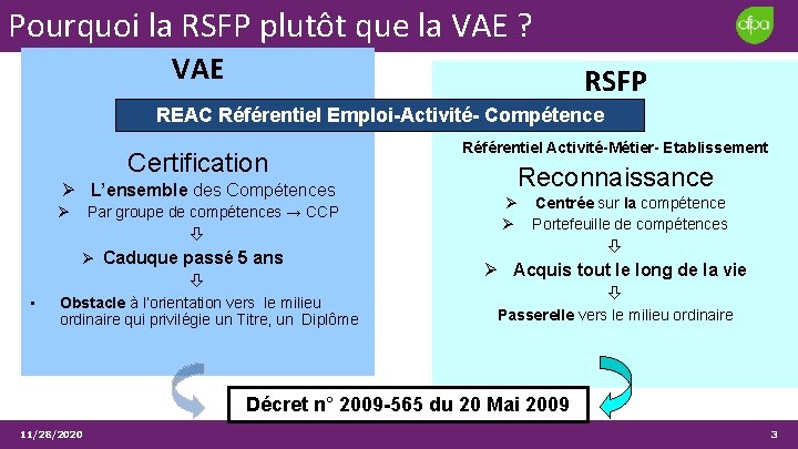 Pourquoi la RSFP plutôt que la VAE ? VAE RSFP REAC Référentiel Emploi-Activité- Compétence Pourquoi la RSFP plutôt que la VAE ? VAE RSFP REAC Référentiel Emploi-Activité- Compétence
