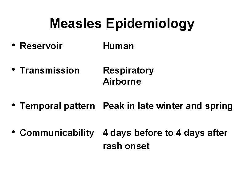 Measles Epidemiology • Reservoir Human • Transmission Respiratory Airborne • Temporal pattern Peak in