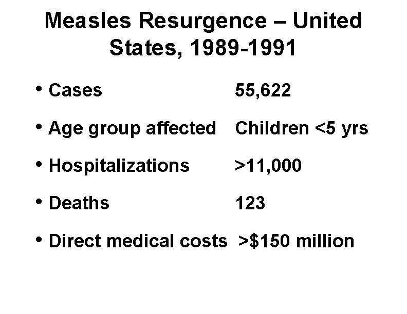 Measles Resurgence – United States, 1989 -1991 • Cases 55, 622 • Age group